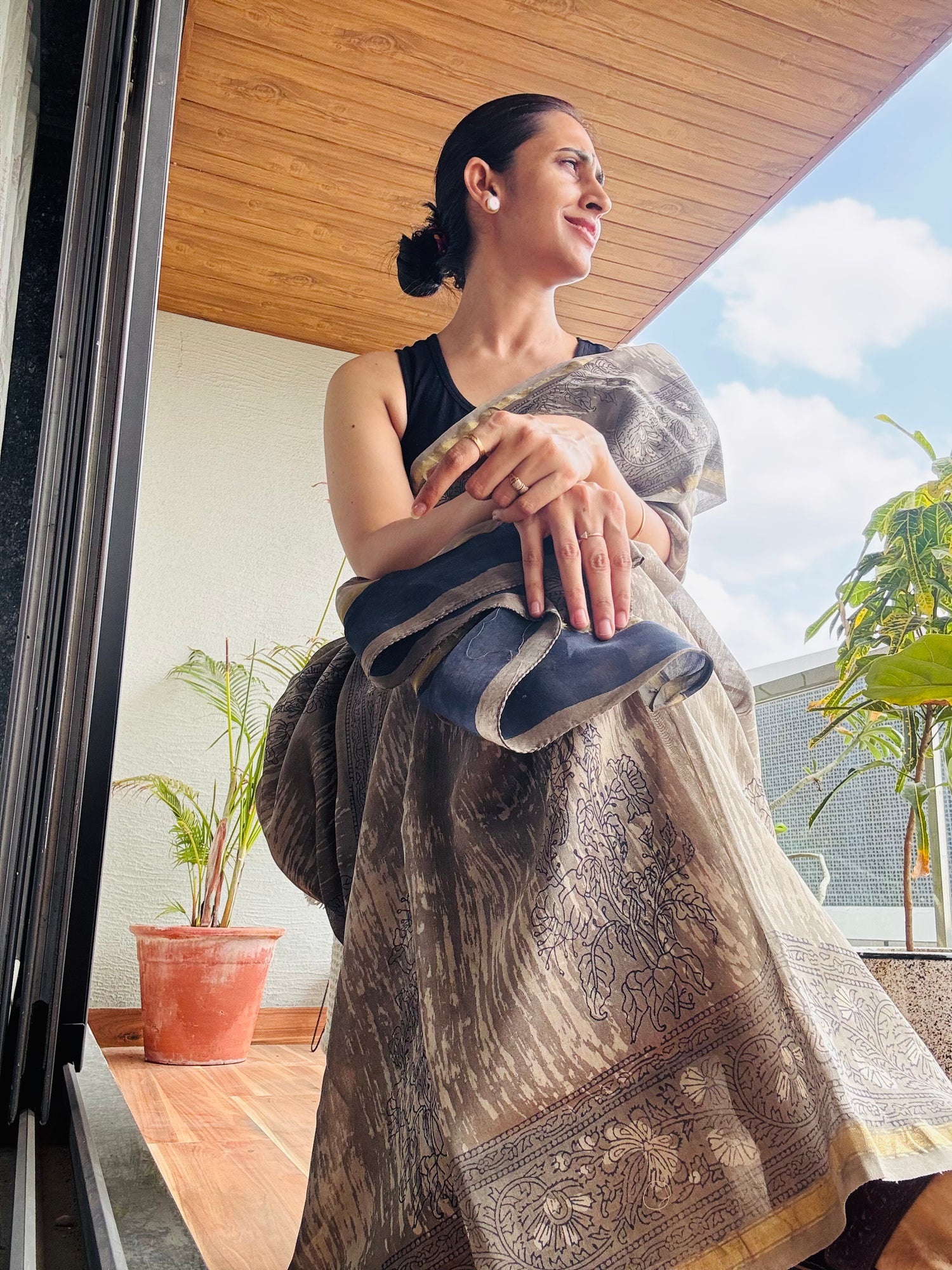 Grey handblock printed cotton silk saree