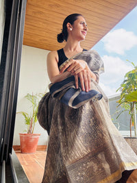 Grey handblock printed cotton silk saree