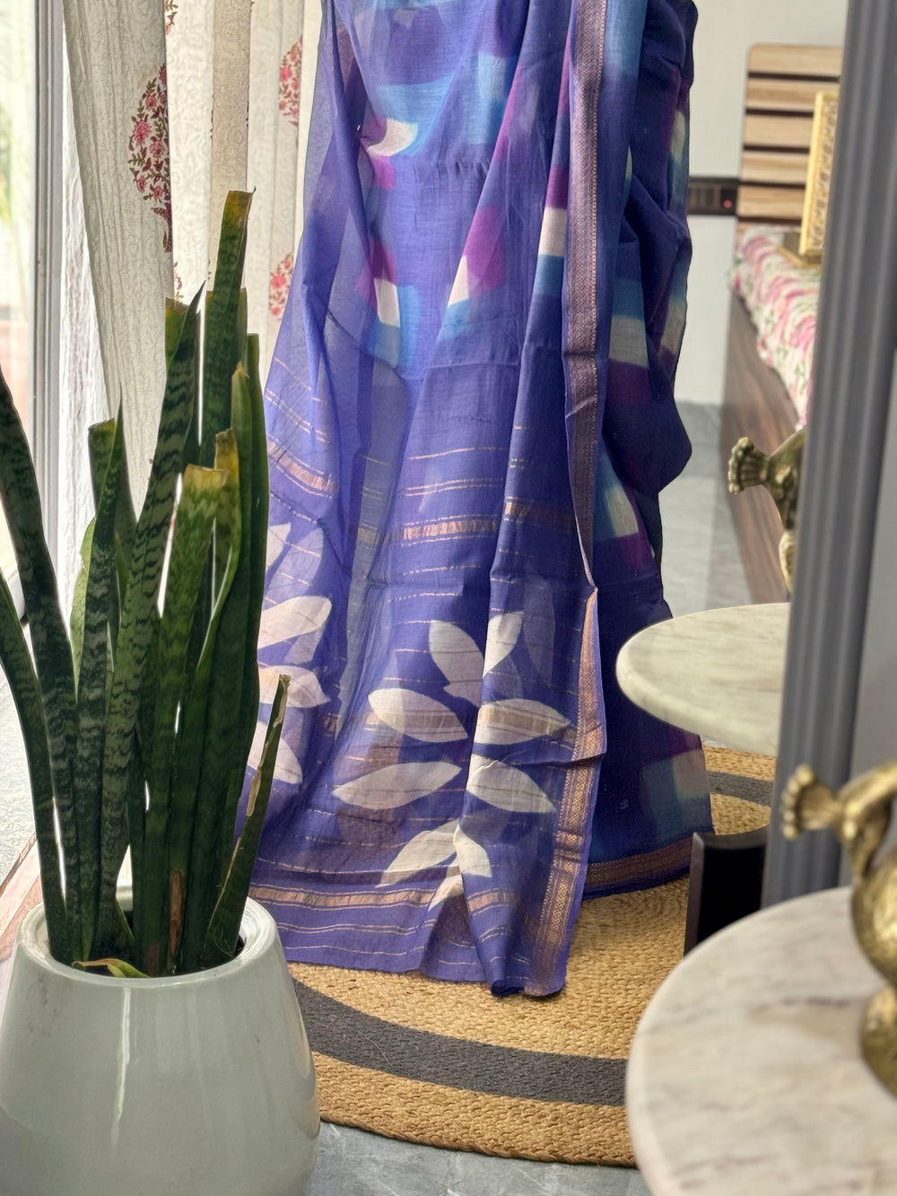 Purple handblock printed cotton silk saree