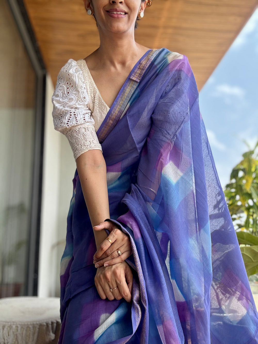 Purple handblock printed cotton silk saree
