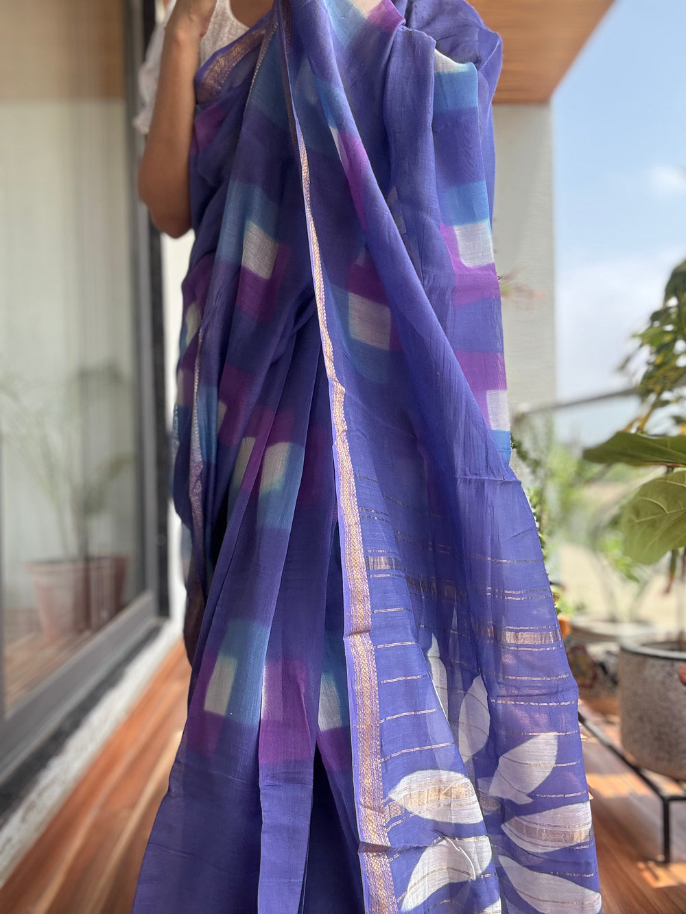 Purple handblock printed cotton silk saree