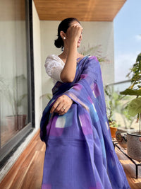 Purple handblock printed cotton silk saree