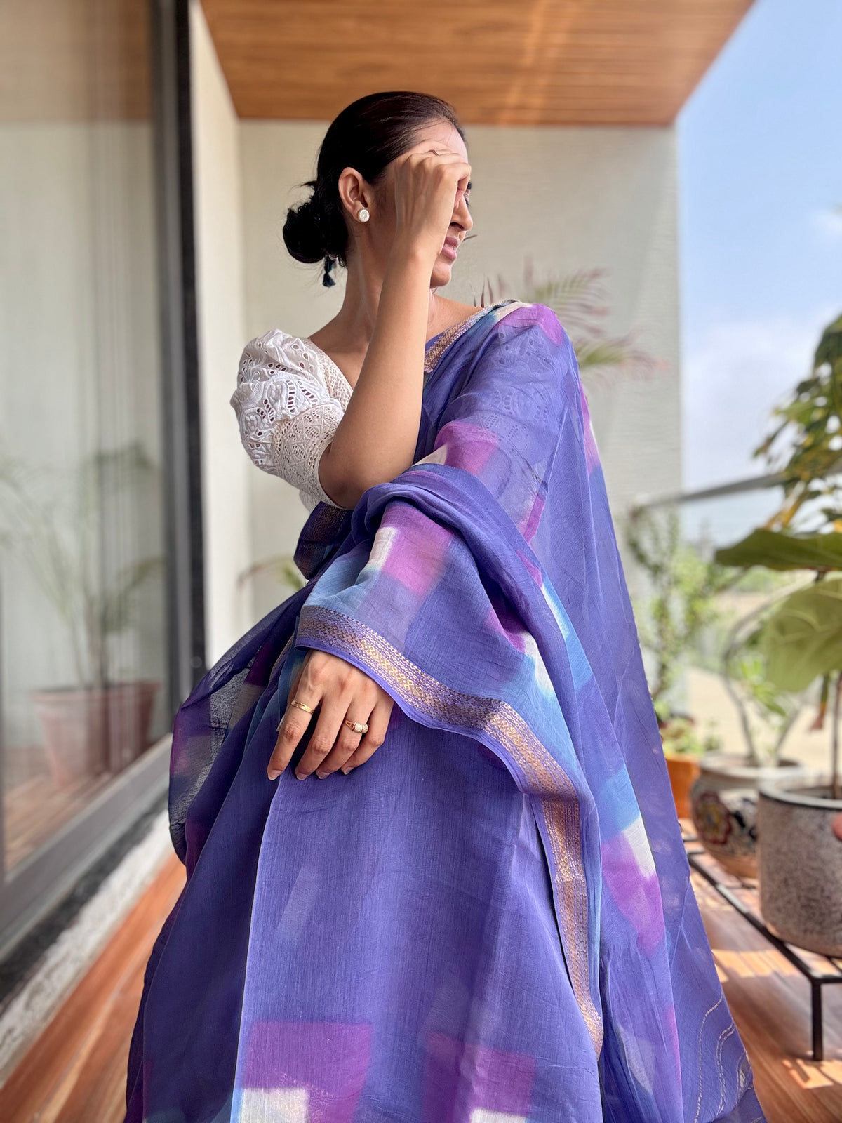 Purple handblock printed cotton silk saree