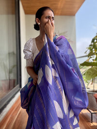 Purple handblock printed cotton silk saree