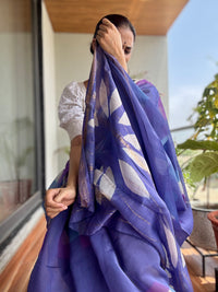 Purple handblock printed cotton silk saree
