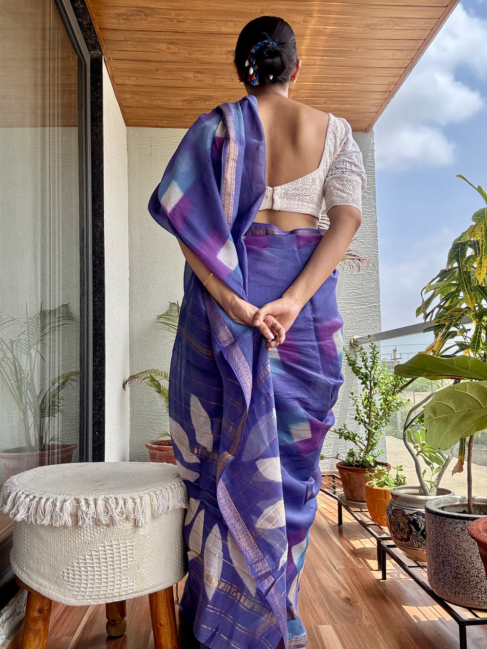 Purple handblock printed cotton silk saree