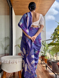Purple handblock printed cotton silk saree
