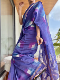 Purple handblock printed cotton silk saree