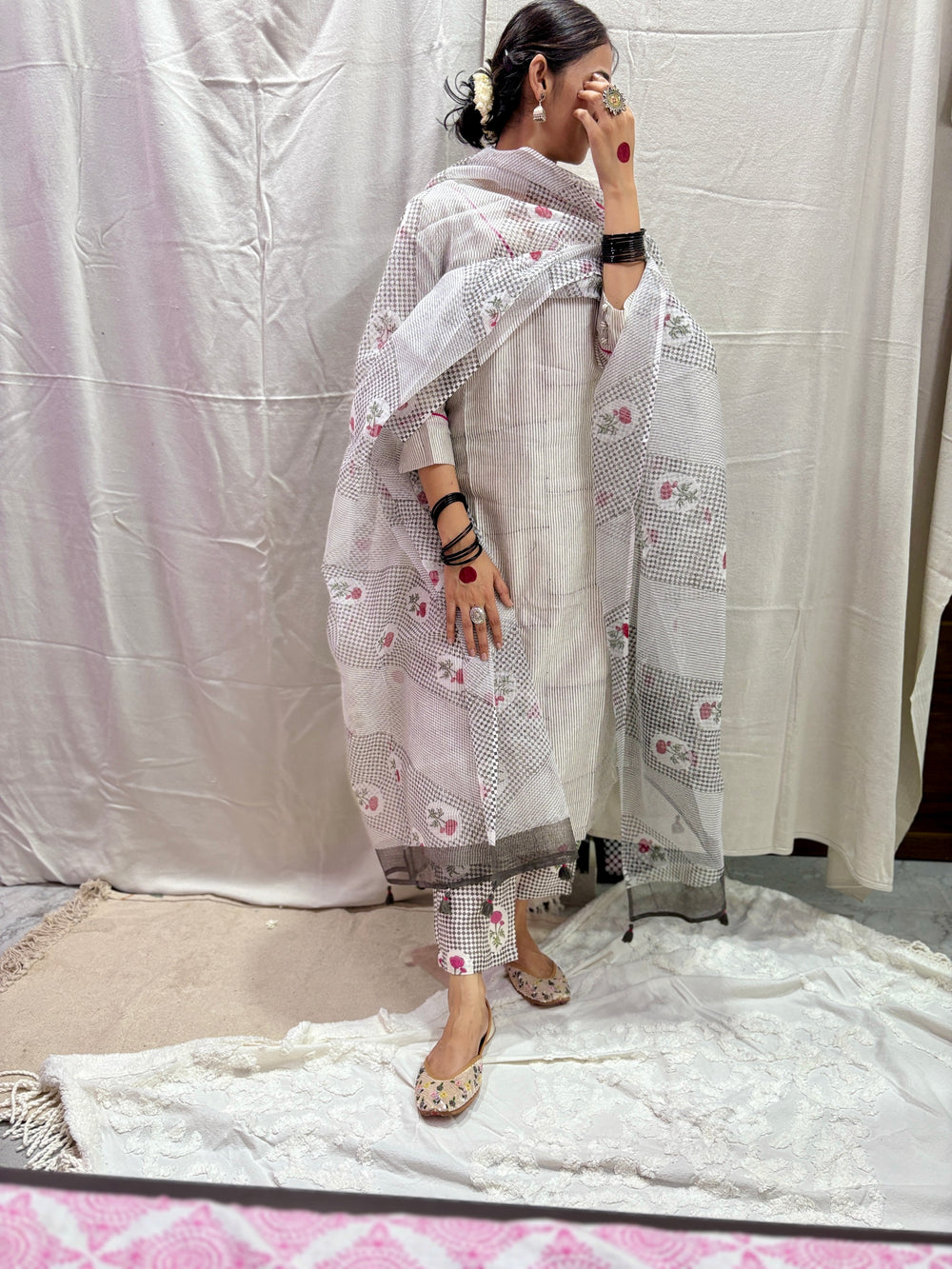 chanderi silk stripes block print kurta set in shades of ivory & grey