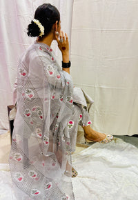 chanderi silk stripes block print kurta set in shades of ivory & grey