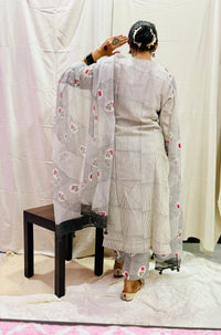 chanderi silk stripes block print kurta set in shades of ivory & grey
