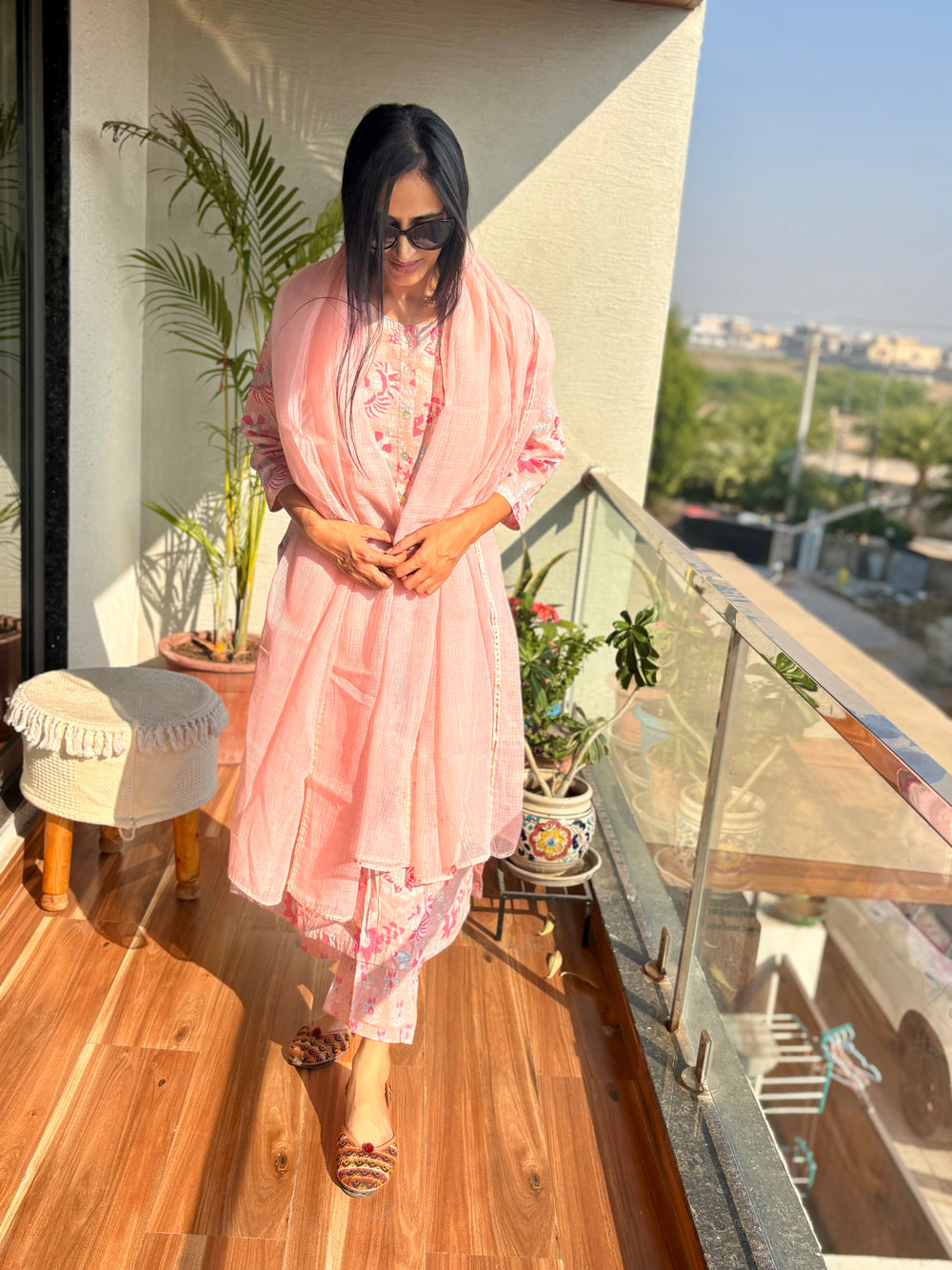 Handblock cotton kurta set in shade of cameo rose pink